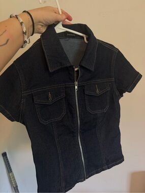 Short Sleeve Dark Denim Zip-Up Top